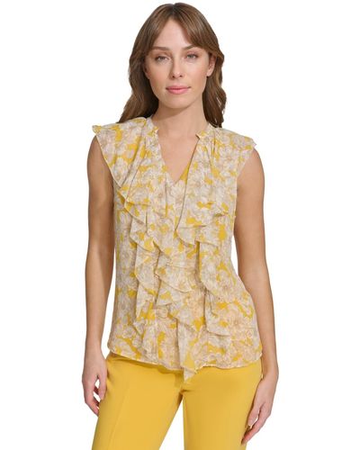 Tommy Hilfiger Floral-print Ruffled-front Blouse - Metallic