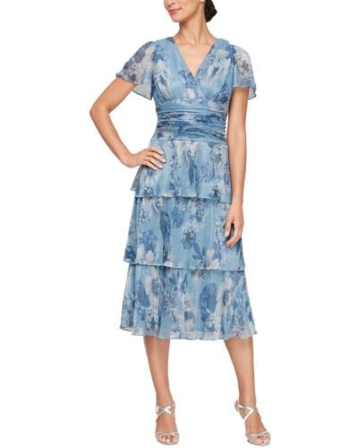 Sl Fashions Printed Tiered Midi Dress - Blue