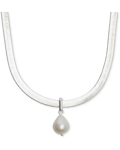 Lucky Brand Tone Freshwater Pearl Herringbone Pendant Necklace - Metallic
