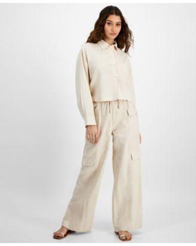 DKNY Oversized Button Front Shirt High Rise Drawstring Cargo Pants - Natural