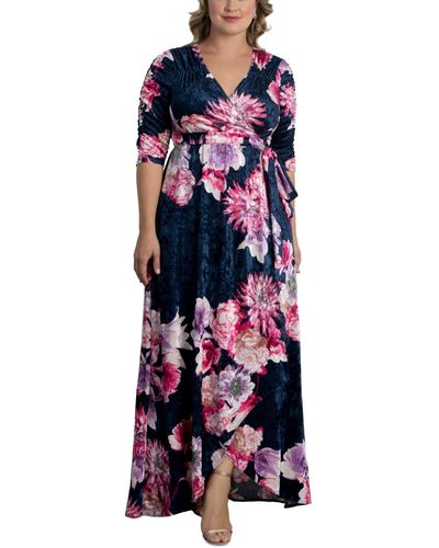 Kiyonna Plus Size Cara Velvet Maxi Wrap Dress - Blue