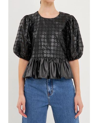 English Factory Faux Leather Peplum Top - Black