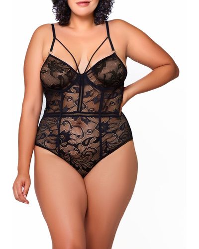iCollection Plus Size Gabriel Embroidered Lace And Mesh Bodysuit - Black