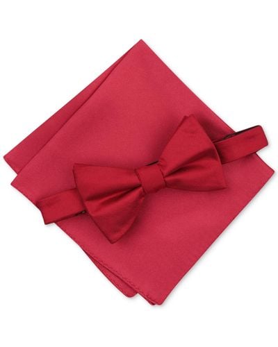 Alfani Solid Texture Pocket Square And Bowtie - Red