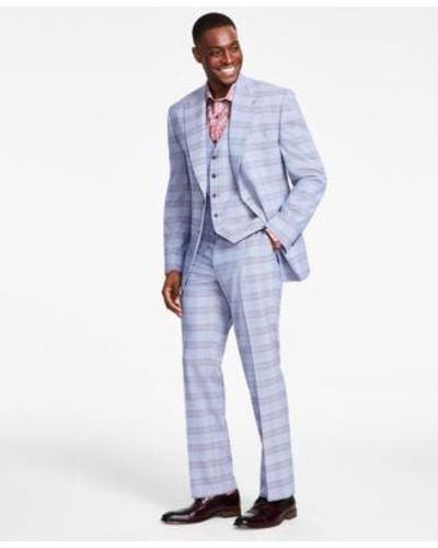Tayion Collection Classic Fit Plaid Vested Suit Separates - Blue