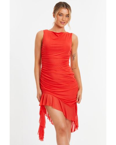 Quiz Mesh Frill Asymmetric Midi Dress - Red