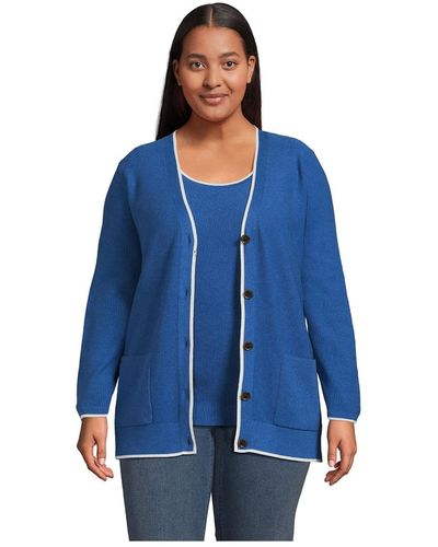 Lands' End Plus Size Fine Gauge Cotton Cardigan And Tank Sweater Set - Blue