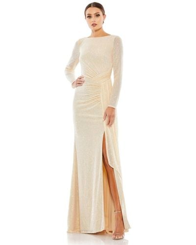 Mac Duggal Ieena Sequined Ruched Long Sleeve Boat Neck Gown - White