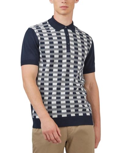 Ben Sherman Jacquard Check-front Short-sleeve Embroidered Polo Shirt - Blue
