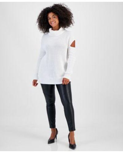 BarIII Turtleneck Cutout Sweater Faux Leather Double Zip leggings Created For Macys - White