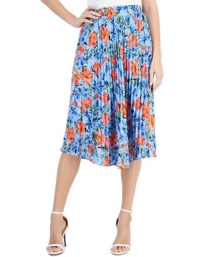 T Tahari Floral Printed Elastic-waist Pull-on Pleated Midi Skirt - Blue