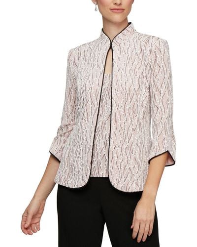 Alex Evenings Printed Piped 3/4-sleeve Two-piece Glitter Top & Jacket - Pink