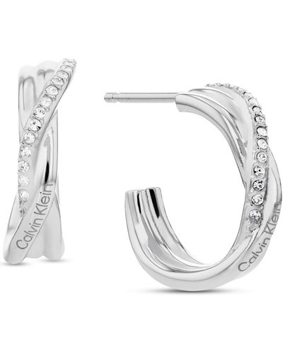 Calvin Klein Stainless Steel Small Pave Crossover C-hoop Earrings - Metallic