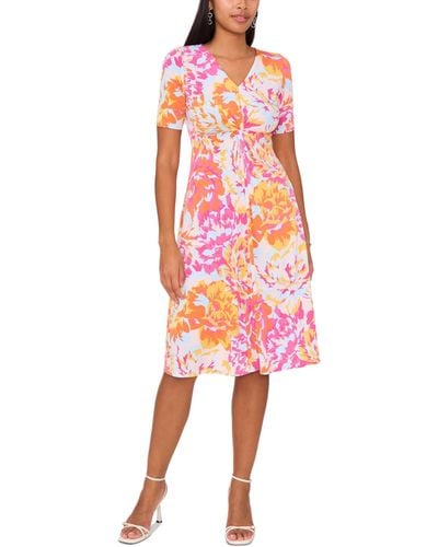 Msk Petite Floral-print Twist-front Midi Dress - Pink