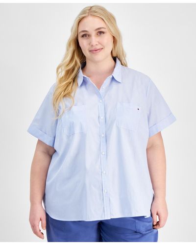 Tommy Hilfiger Plus Size Cotton Striped Camp Shirt - Blue