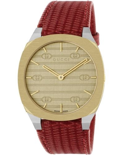 Gucci 25h Goldtone Stainless Steel & Leather Strap Watch/34mm - Red
