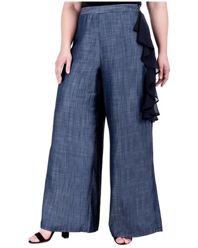 Standards & Practices Plus Size Side Seam Ruffle Palazzo Pants - Blue