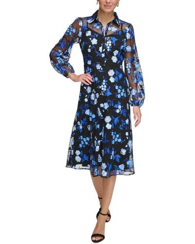 Kensie Embroidered-floral Mesh Shirt Dress - Blue