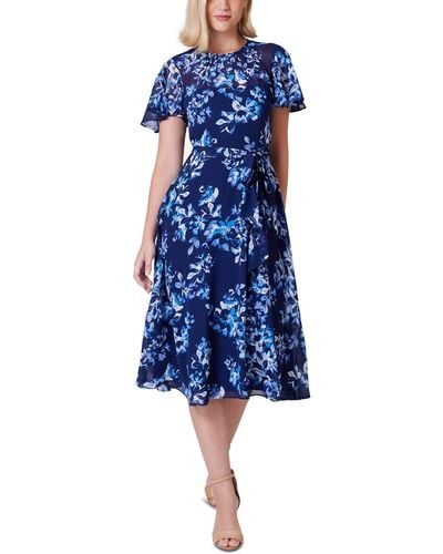 Jessica Howard Petite Printed Chiffon Belted Dress - Blue