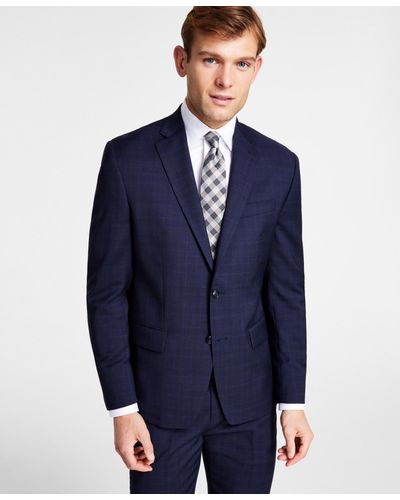 Michael Kors Tonal Plaid Classic-fit Wool Stretch Suit Separate Jacket - Blue