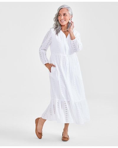 Style & Co. Petite Cotton Tiered Eyelet Midi Dress - White