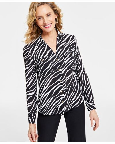 INC International Concepts Animal-print Button-front Shirt - White