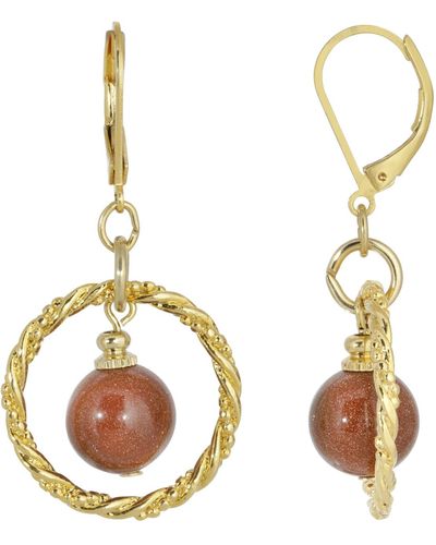 2028 Gold-tone Genuine Stone Sandstone Round Stone Hoop Earrings - Brown