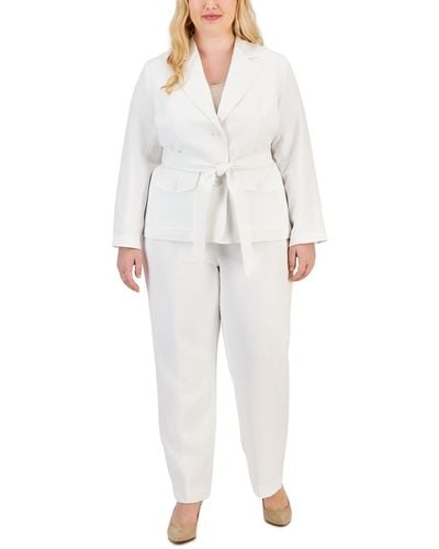 Le Suit Plus Size Belted Safari Jacket Pantsuit - White