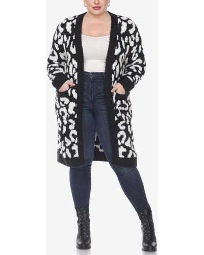 White Mark Plus Size Leopard Print Open Front Sherpa Sweater - Black