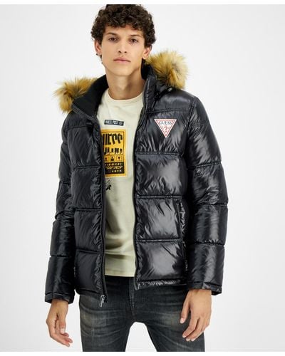 Guess Puffer Jacket With Faux Fur Hood - Black