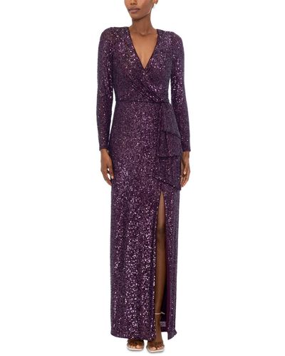 Xscape Sequin Long-sleeve Side-slit Dress - Purple