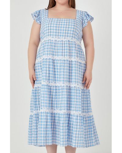 English Factory Plus Size Floral Lace Gingham Printed Midi Dress - Blue