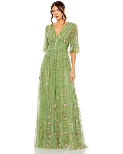Mac Duggal Floral Ruffle Detail Long V-neck Gown - Green