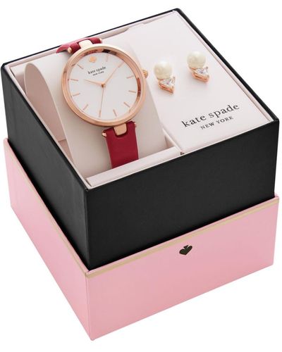 Kate Spade Holland Leather Watch And Earring Box Set 34mm - Red