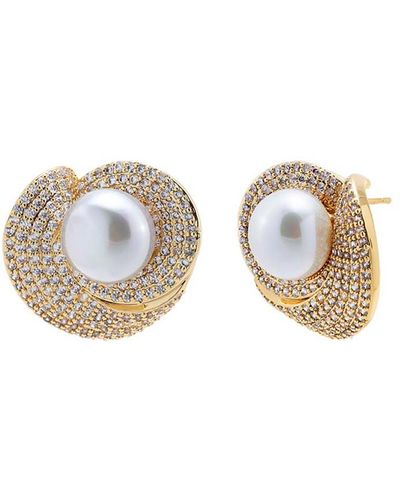 By Adina Eden Pave Looped Imitation Pearl Stud Earring - White