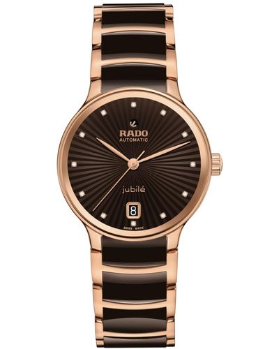 Rado Swiss Automatic Centrix Diamond Accent Brown Ceramic & Rose Gold Pvd Stainless Steel Bracelet Watch 35mm - Black
