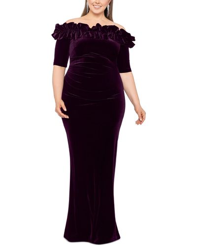 Xscape Plus Size Velvet Ruffled Off-the-shoulder Gown - Purple