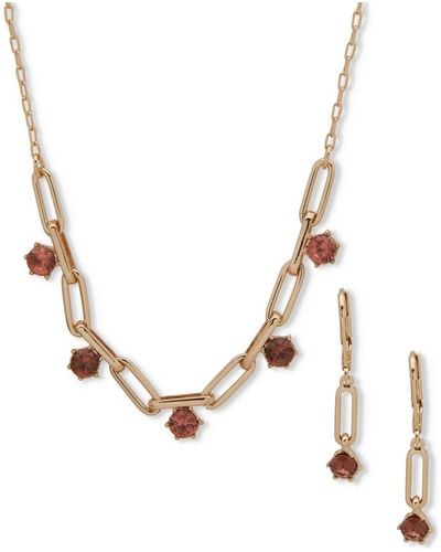 Anne Klein Gold-tone Crystal Link Frontal Necklace & Drop Earrings Set - Metallic