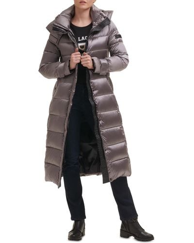 Karl Lagerfeld Belted Hooded Down Puffer Coat - Gray