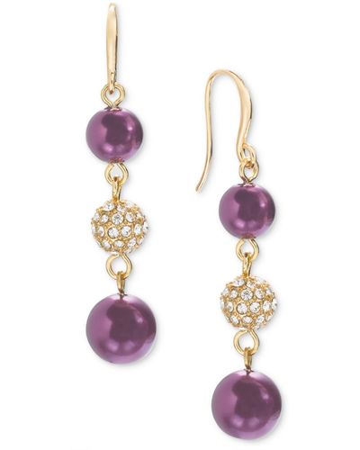 Charter Club Gold-tone Pave Fireball & Color Imitation Pearl Triple Drop Earrings - Purple