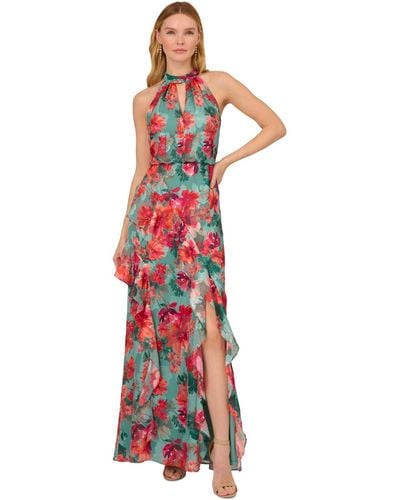 Adrianna Papell Printed Ruffled Mermaid Gown - Red