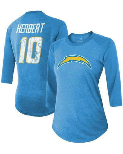 Fanatics Justin Herbert Los Angeles Chargers Team Player Name Number Tri-blend Raglan 3/4 Sleeve T-shirt - Blue