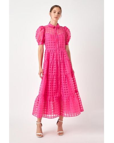 English Factory Gridded Organza Tiered Maxi Dress - Pink