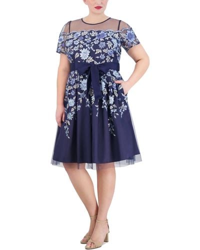 Eliza J Plus Size Embroidered Mesh Dress - Blue