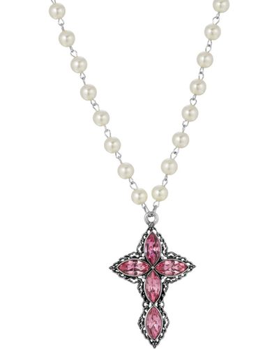 2028 Pewter Crystal Diamond Shaped Stones Cross Imitation Pearl Necklace - Pink