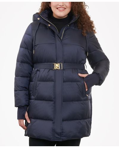 Michael Kors Plus Size Hooded Belted Puffer Coat - Blue