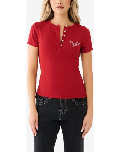 True Religion Short Sleeve Crystal Retro Henley Top - Red