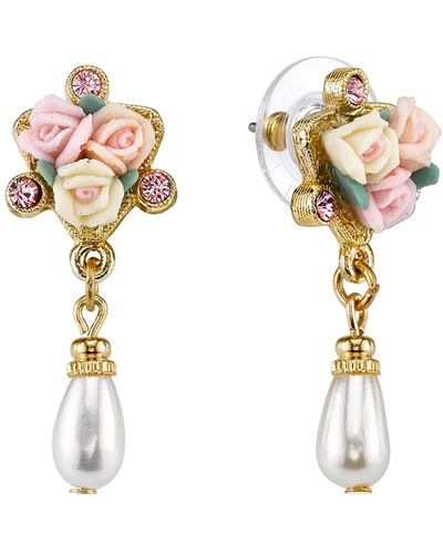2028 Gold-tone Crystal Ivory And Porcelain Rose Simulated Pearl Drop Earrings - Pink
