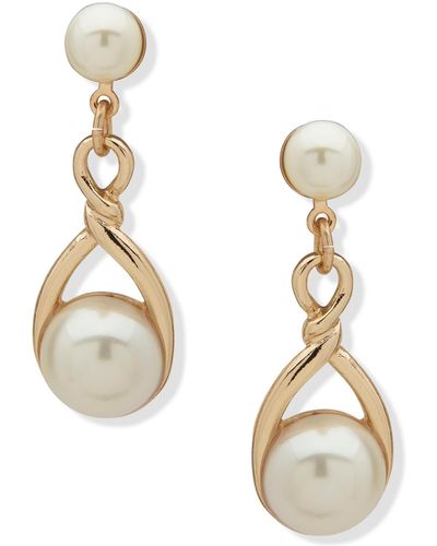 Anne Klein Gold-tone Imitation Pearl Twisted Drop Earrings - White