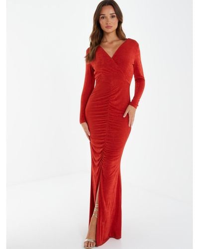 Quiz Maxi Dress With Long Sleeves And Ruching Detail - Red